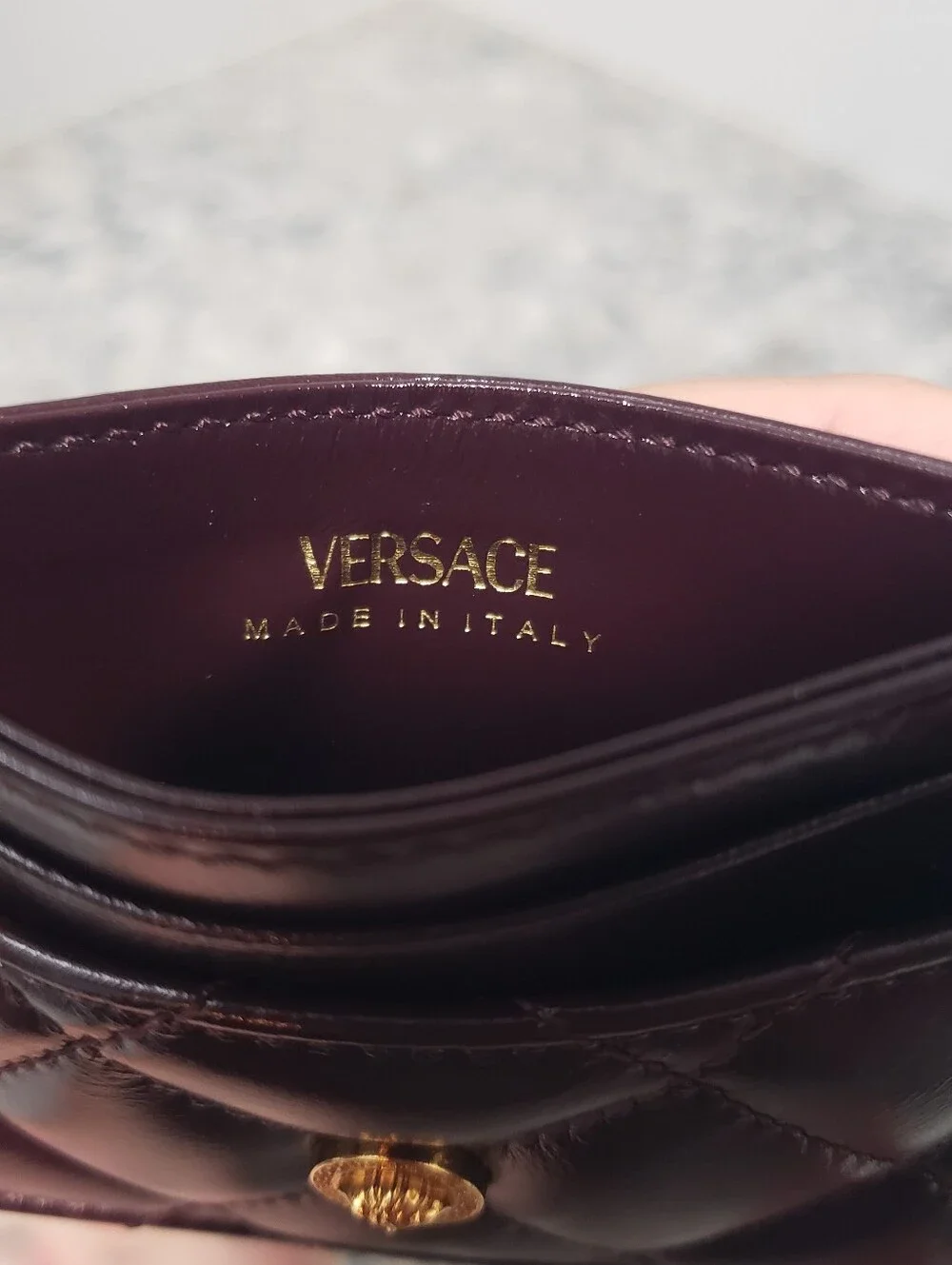 Versace Burgundy Quilted Leather Gold Medusa Card Case Holder NIB